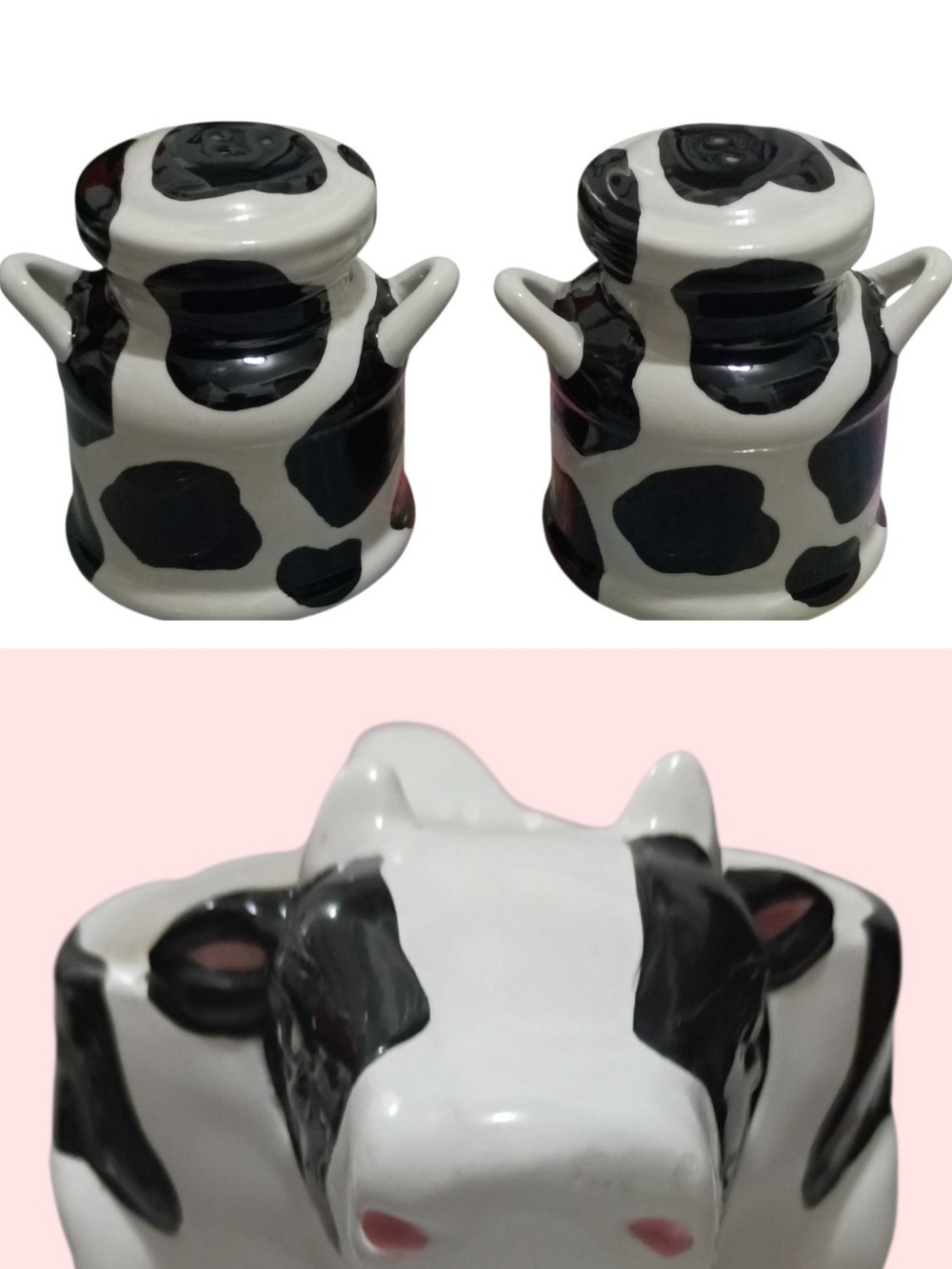 Vintage Cow Print Ceramic Salt and Pepper Shakers And Spoon Rest